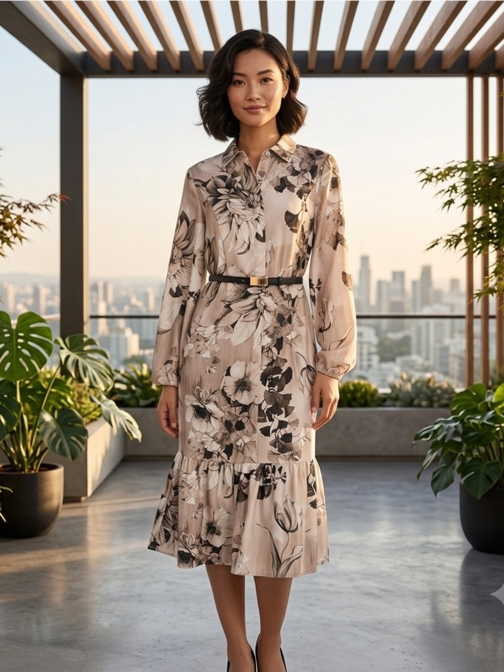 NWT Calvin Klein Long Balloon Sleeve Collared Neck Belted Ruffle Hem Midi - 4
